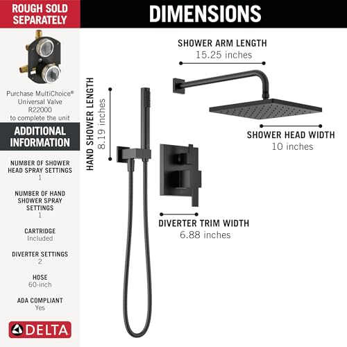 Image of Delta Modern 14 Series Square Rain Shower System Faucet Set, Rainfall Matte Black Shower Head and Handle Set, Valve Trim Kit, 10 Inch, Matte Black T342701-BL (Valve Not Included)