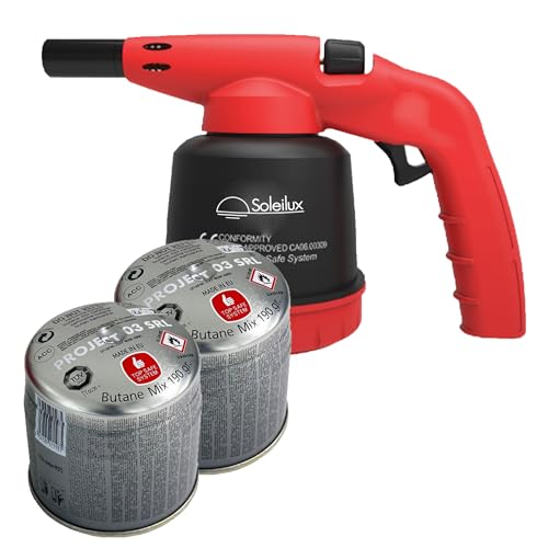 SOLEILUX Lampada Saldatore Per Saldare Con accensione Piezo Cannello Accendi Fuoco + 2 Bombole Gas Butano