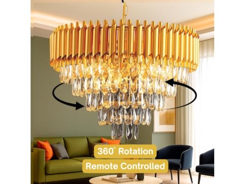 Image of Zingy Modern Gold Crystal Moving Chandelier, 600mm (60 Cm. (23.6 Inch) Round LED Pendant Light with Remote Control, Multicolour Changing,Luxury Contemporary Ceiling Light Fixture for Decoration A