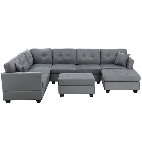 U-Style Upholstery Sectional Sofa with Storage Ottoman Living Room Furniture