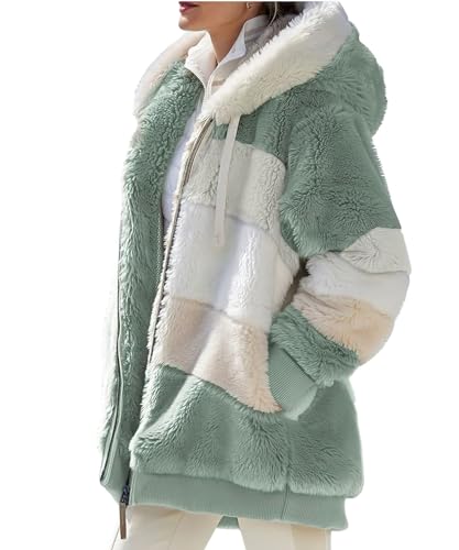 Zhyaj Long Sleeve Furry Fleece Hooded Sherpa Jacket for Women Winter Causal Full Zip Color Block Faux Fur Thick Plush Maternity Cardigan Plus Size Lamb Wool Padded Jacket Outerwear with Pockets 5XL