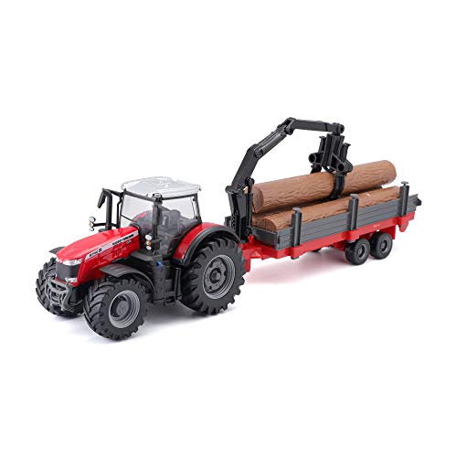 Bburago Massey Fergusson 8740S Tracteur avec remorque à bûches 10 cm