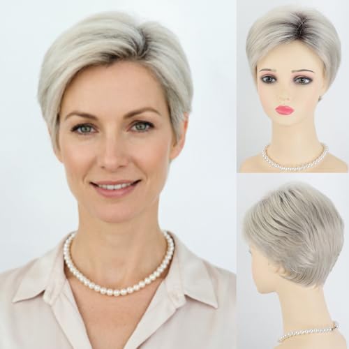 RENERSHOW Short Ombre Platinum Blonde Pixie Cut Wigs for White