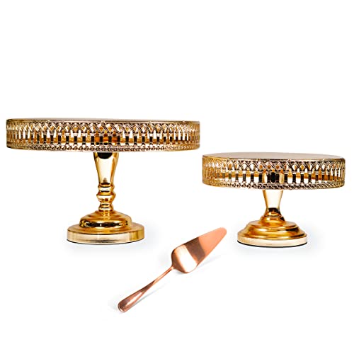 Lindlemann - Roman Cake Stand - Decorative Metal Cake Holder With Spatula - Set Of 2 Serving Plate Dessert Table Display - Easter Celebration Dessert Tray - Rose Gold (10 + 13.5 In) #TOP12