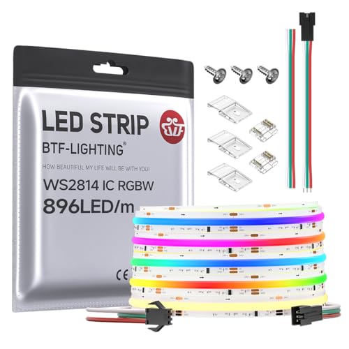 Image of BTF-LIGHTING FCOB COB LED Strip WS2814 IC RGBW 3000K Flexible High Density Color Chasing Uniform Light 16.4FT DC24V 896LED /m 16IC /m 12mm Width for Home DIY Lighting Projects(No Adapter or Controller)