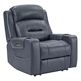 Watson & Whitely Oversized Genuine Leather Power Recliner Chairs for Big and Tall, Extra Wide Lay Flat Recliner with Power Headrest & Cup Holders, Electric Reclining Sofa for Living Room, Navy Blue