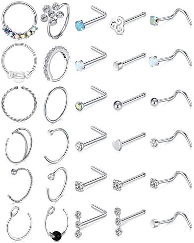 Longita 20g Nose Rings Surgical Steel L Shape Studs Stainless Thin Ring Hoop Silver Pack Screw Bone Opal Diamond Heart Nostril Piercing Jewelry for Men Women