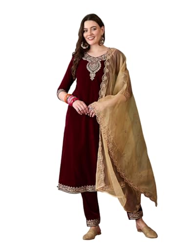 Image of SheWill Kurta Set for Women - Maroon Velvet Zari Sequence Cording Embroidered Kurta with Pant and Cutwork Organza Dupatta