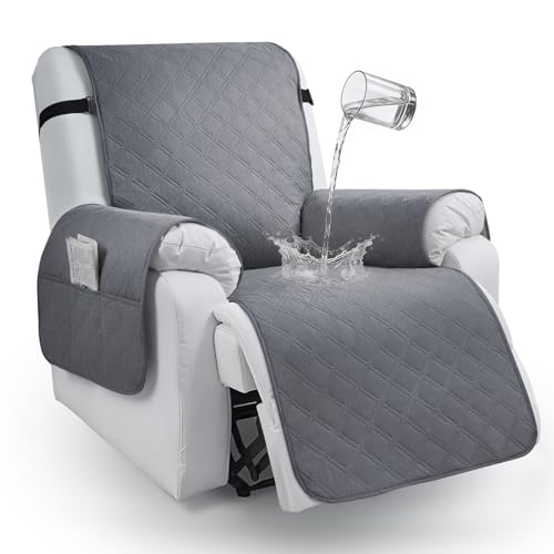 Songrey Waterproof Recliner Chair Covers, Non-Slip Chair Covers with Pocket, Elastic Straps, Washable Recliner Cover for Kids, Pets, Furniture Protector(Dark Gray, 30')