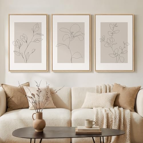 Framed Neutral Botanical Wall Art, 3 Piece Minimalist Contemporary Floral Canvas Prints Paintings, Modern Boho Beige Flower Line Pictures for Living Room Bedroom Office Dining Room Wall Decor 16x24 In