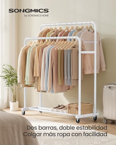Miniatura 2 de Songmics Perchero Para Ropa Con Ruedas, Burro Ropa Móvil, 2 Ruedas Con Freno, Para Dormitorio, Carga De 90 Kg, 46,5 X 110 X 155,5 Cm, Blanco Nube, Hsr017wg01