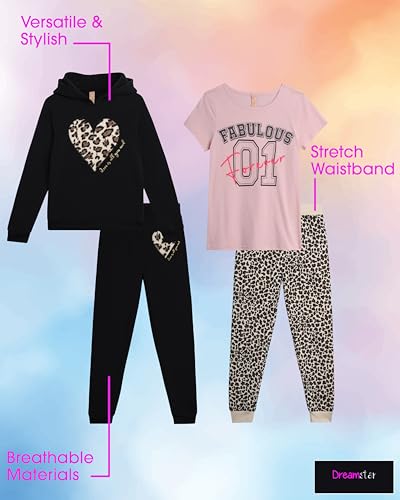 Image of Dreamstar Girls Pants Set - 4 Piece Fleece Pullover Hoodie Sweatshirt Short Sleeve Tee Shirt and Jogger Pants Activewear Set