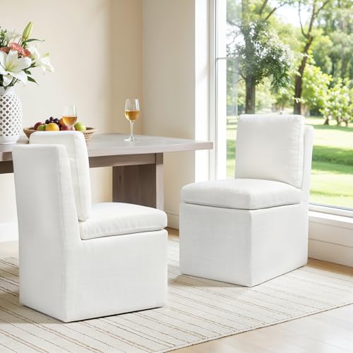 S With Casters Set Of 2, Upholstered Dining Room Chairs, Accent Single Sofa Chair, Fabric Linen Living Room Chairs, Arrived Assembed, Slient Wheels, White