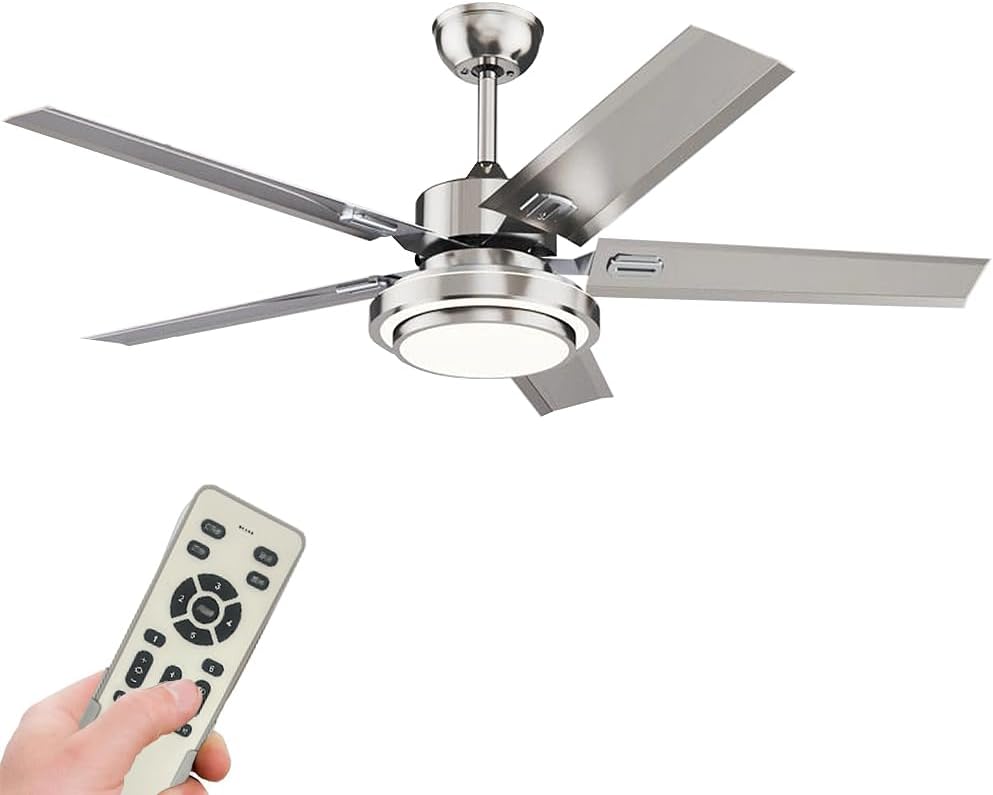 52 inch Ceiling Fan with Lights Remote Control, DC Motor Ceiling Fan, Dimmable Light, LED Light Kit Remote Control Low Profile Indoor 5 Blades - Silver