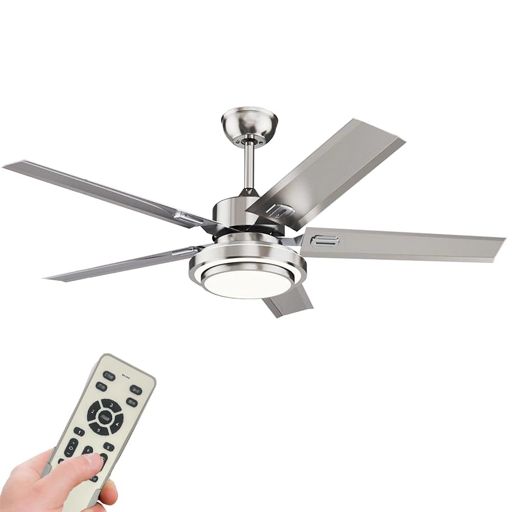 52 inch Ceiling Fan with Lights Remote Control, DC Motor Ceiling Fan, Dimmable Light, LED Light Kit Remote Control Low Profile Indoor 5 Blades - Silver