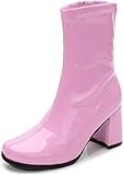 Golden Beads Women's Mid-Calf Block Heel Zipper Boots | Go Go Boots | Ankle Boots with Low Block Heel | Short Boots Shoes (Pink Patent, UK Footwear Size System, Adult, Women, Numeric, Medium, 5)