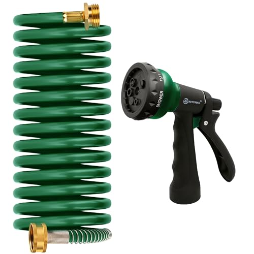 AUTOMAN Coil Garden Hose 15 ft, EVA Curly Water Hose with Brass Connectors, Recoil Garden Water