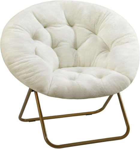 Elevon Saucer Chair Faux Fur with Soft and Thick Padded Seat Metal Frame, Modern Style Folding Cozy Chair for Living Room, Bedroom, XL, White