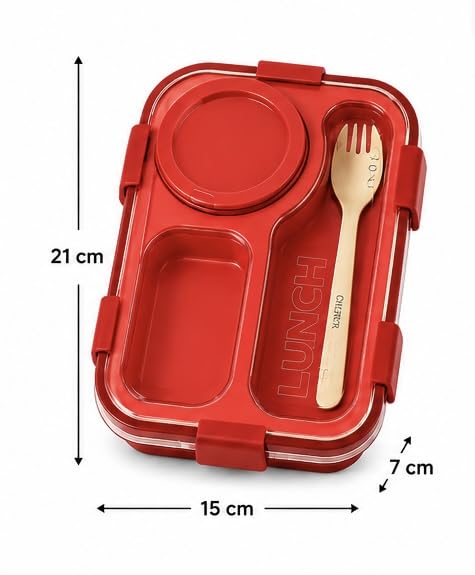 Image of Lunch Box with Compartments and Spork, Red