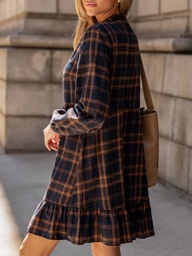 CUPSHE Women Fall Dresses Plaid Ruffle Hem V Neck Long Sleeve Button Holiday Tunic Mini Dress2