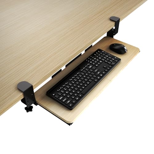 Large Keyboard Tray Under Desk Pull Out with Adjustable C-Clamp, Ergonomic Slide-Out Computer Keyboard and Mouse Platform Drawer for Office and Home Typing (Light Wood)