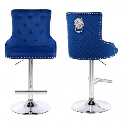 Image of BLUEBRIT Set of 2 Luxury Velvet Bar Stools with Lion Knocker Backrest Adjustable Height Swivel Breakfast Chairs, Padded Seat & Metal Base Modern Kitchen Counter Stools (Blue Silver)
