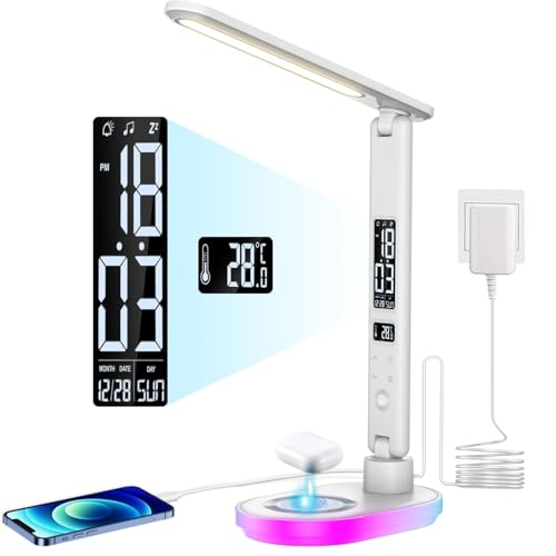 CCHKFEI Einstellbar Schreibtischlampe mit Uhr,LED Touch Tischlampe Dimmbar mit 10W Wireless Charger und USB Ladefunktion, 3 Farbmodi mit Touch Lampe mit Temperatur Datum RGB für Lesen Home Office