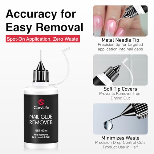 Image of Curvlife Pinpoint Nail Glue Remover for Press on, 60ml Nail Remover for Nails Tips, Gentle Glue Remover for Gel x Nails, Non-Acetone Nail Polish Remover