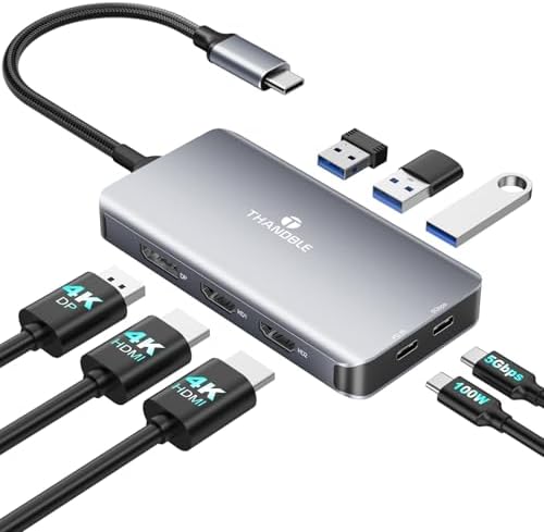 THANDBLE USB C Docking Station Dual Monitor, Laptop Docking Station 3 Monitor, USB C Hub Dual 4K@60Hz HDMI Display with DisplayPort Port, 5Gbps USB-A/C Data Port, 100W PD, for HP/Dell/Lenovo/Laptop