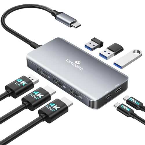THANDBLE USB C Docking Station Dual Monitor, Laptop Docking Station 3 Monitor, USB C Hub Dual 4K@60Hz HDMI Display with DisplayPort Port, 5Gbps USB-A/C Data Port, 100W PD, for HP/Dell/Lenovo/Laptop