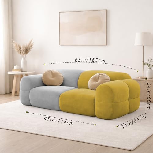 Image of Casaliving Vetras Modern Velvet Bubble Cloud Sofa, Tufted Design Upholstered 2 Seater Sofa Set for Living Room, (Yellow Grey Colour) Premium Velvet Fabric Sofa