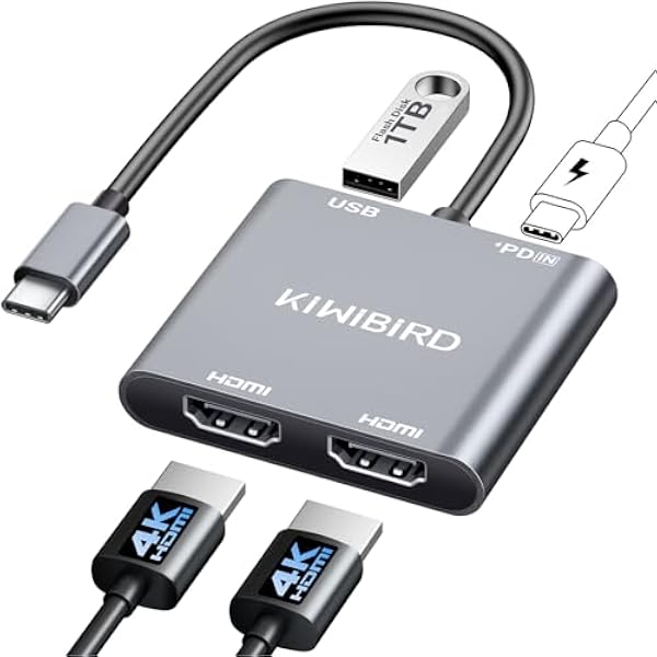 KiWiBiRD USB C na Dual HDMI Hub, Type C na HDMI Splitter do 2 monitorów rozszerzony wyświetlacz 4K PD 100W 2160p 1440p 1080p HDCP, kompatybilny z laptop PC TV projektor