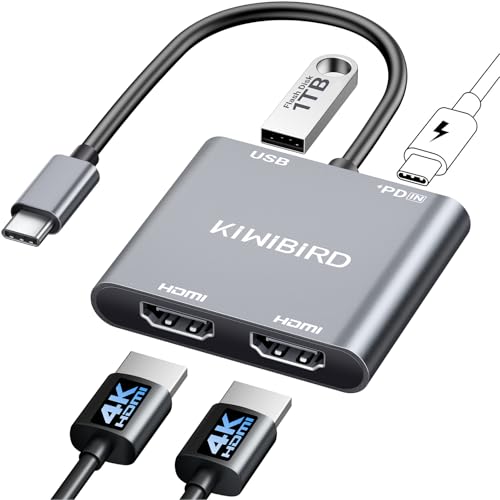 KiWiBiRD USB C na Dual HDMI Hub, Type C na HDMI Splitter do 2 monitorów rozszerzony wyświetlacz 4K PD 100W 2160p 1440p 1080p HDCP, kompatybilny z laptop PC TV projektor