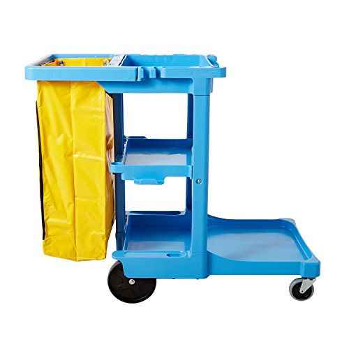 Image of Rubbermaid Commercial Products Traditional Janitorial 3-Shelf Cart, Wheeled with Zippered Yellow Vinyl Bag, Blue, 38.4 inch x 21.8 inch x 46 inch