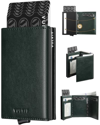 Image of VULKIT Credit Card Holder with Banknote Compartment RFID Blocking Pop up Leather Card Wallet with ID Window, Green, Minimalist