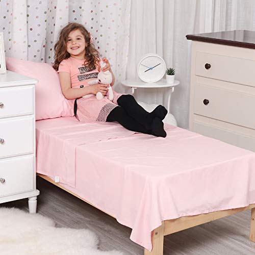 Tillyou 3-Piece Brushed Microfiber Toddler Sheet Set For Boys Girls, Solid Baby Bedding Sheet & Pillowcase Sets Includes Flat Sheet, Fitted Bed Sheet And Envelope Pillowcase, Pink #TOP1