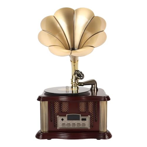 Vintage Phonograph Speaker Gramophone Speaker Dual Speaker Type C Charging HiFi Sound for Mobile Phones (Coffee)