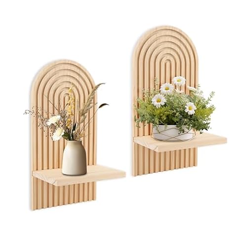 Pływające półki, dekoracja ścienna, drewniane panele 3D, łukowe, L-kształt, do roślin, do salonu sypialni (beige)