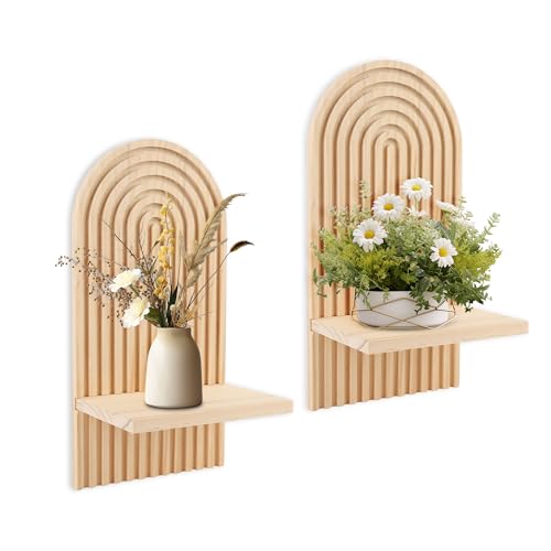 Pływające półki, dekoracja ścienna, drewniane panele 3D, łukowe, L-kształt, do roślin, do salonu sypialni (beige)