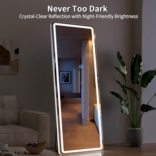 Image of Koonmi Full Length Mirror with LED Lights, 68 inchx26 inch Lighted Mirror with Dimming & 3 Color Lighting, Big Mirror for Bedroom, Dressing Room, Rectangle,White