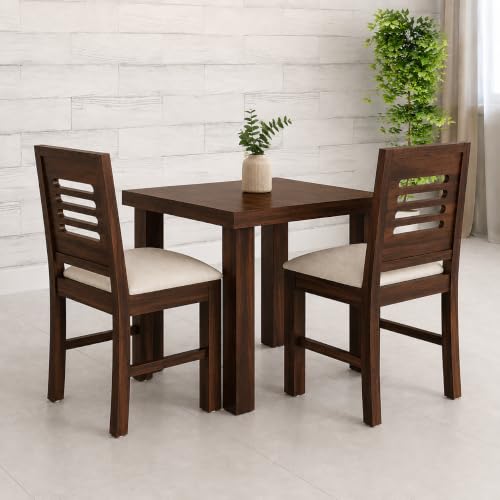 Image of Solid Sheesham Wood 2 Seater Dining Table Set for Home & Kitchen | Walnut Finish Wooden Dining Set with 2 Cushioned Chairs | Table Size 34 x 30 x 29 Inch | Chair Size 17 x 17 x 35 Inch