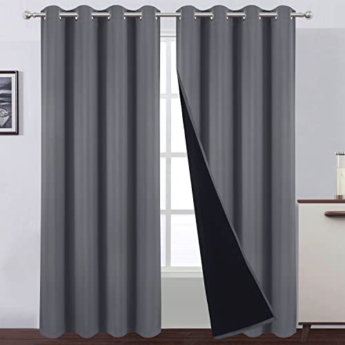 LEMOMO 100% Blackout Curtains 52 x 95 Inch/Grey Curtains 2 Panels with Black Lining Room Darkening Thermal Insulated Bedroom Curtains