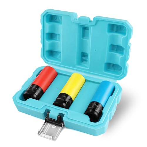 DURATECH Schlagschrauber Nüsse Set, Steckschlüssel-Satz Kraft Schoneinsätze Schonnüsse mit Kunststoffhülse, 1/2”Vierkantantrieb, Cr-Mo, 3-teilig, SW 17mm, 19mm, 21mm, mit Aufbewahrungsbox