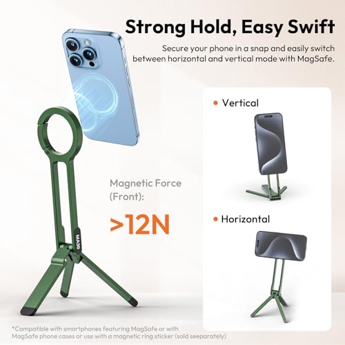 Image of ULANZI MA30 Magnetic Phone Tripod Stand for iPhone - Aluminium Maglock Smartphone Mini Tripod Pocket Cell Phone Stand Strong Magnet Quick Mount Compatible with iPhone 16 15 14 13 12 Series, Green