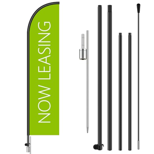 Remagr 2 Set Now Leasing Feather Flag Pole Kit Now Leasing Sign Banner 15ft Pole 12ft x 2.5ft Flag with Rotating Ground Spike for Business Advertising Real Estate Advertising (Green)