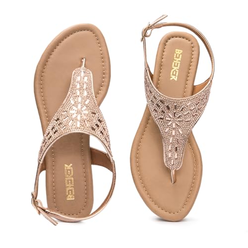 Image of BENEKER Women's Rhinestone Thong Flat Sandals T-Strap Fashion Sandals Ankle Strap Summer Gladiator Sandals