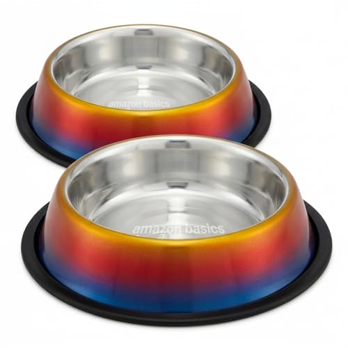 Image of Amazon Basics Stainless Steel Pet Feeding Bowls for Dog & Cats | Anti Slip Base | Set of 2 | 700 ml Each | Rainbow Color