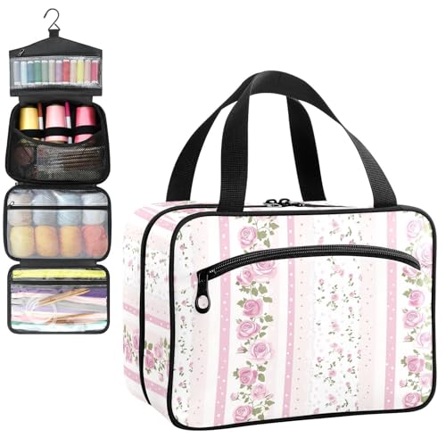 YNNALE Sewing Supply Organizer Bag, Pink and White Striped Rose Floral Portable Sewing Bags with Pockets&Hanger, Sewing Storage Box Case for Sew Supplies/Kit/Tools/Accessories (BAG ONLY)