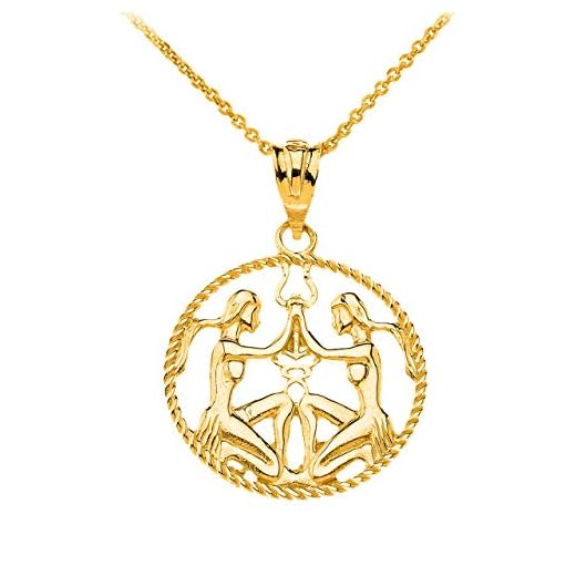 Certified 14k Gold Round Gemini Zodiac Sign Twisted Rope Style Charm Pendant Necklace, 18"