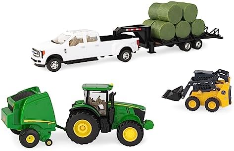 John Deere 1/32 Round Bale Haying Set - Tractor, Baler, Skid Steer, Truck, Trailer - Farm Toy Set - Children, Farm, Tractor, John Deere - Ages 3+